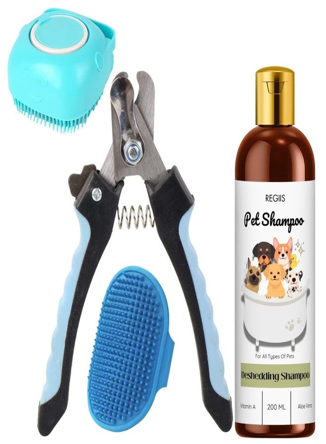 مجموعة ريجيس للعناية بالحيوانات الأليفة مع شامبو لإزالة الشعر الزائد، مقص أظافر احترافي، فرشاة تدليك من السيليكون، 200 مل تركيبة طبيعية لجميع أنواع الحيوانات الأليفة (عبوة من 4 قطع) - Image 1